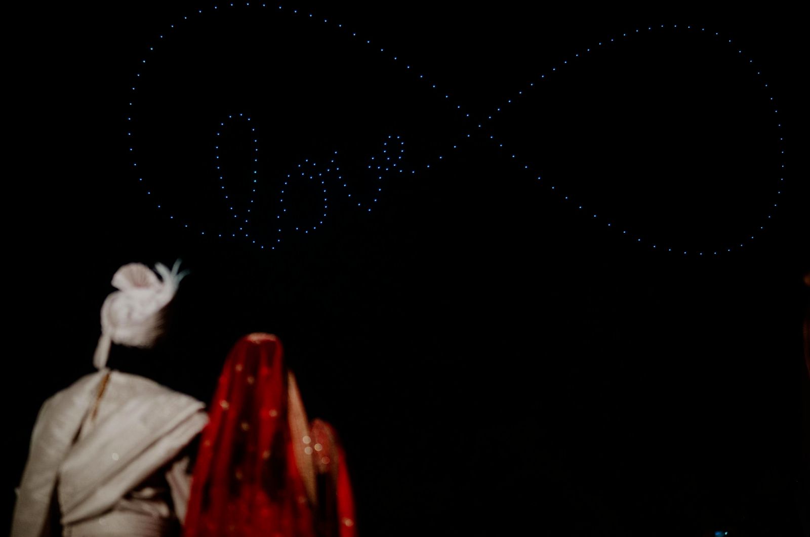 SkyLit drones spelling LOVE at a Jaipur wedding for bride and groom